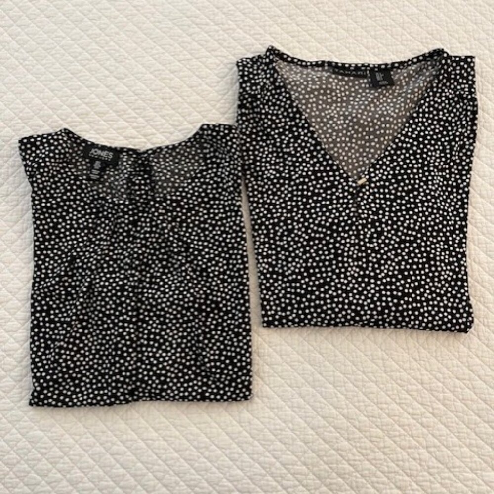 Two polka dot jersey tops; Tahari long sleeve and Jones NY sleeveless